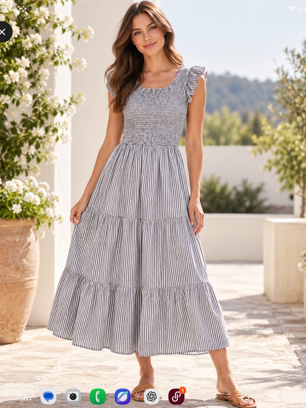 Smocked Tiered Maxi Dress in Blue Stripe - Women